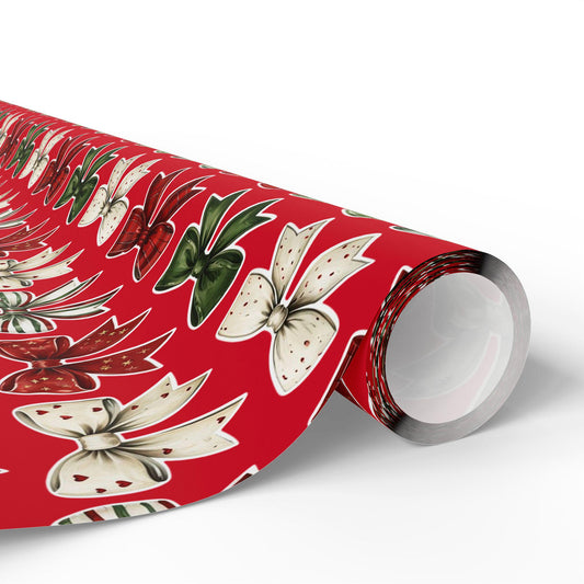 Red Christmas Bow Wrapping Paper | Festive Holiday Gift Wrap | Green & White Ribbon Design | Elegant Xmas Packaging | Holiday Decor