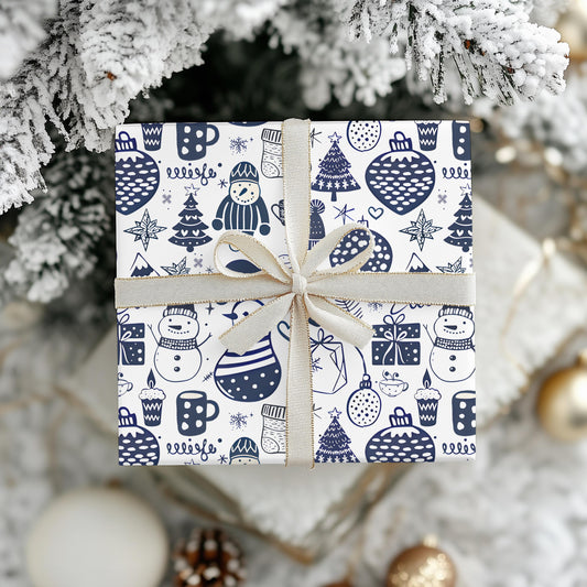 Wrapping Papers - Navy Blue Hand Drawn Christmas Gift Wrap, Holiday Wrapping Paper, Festive Gift Wrap, Doodle Art