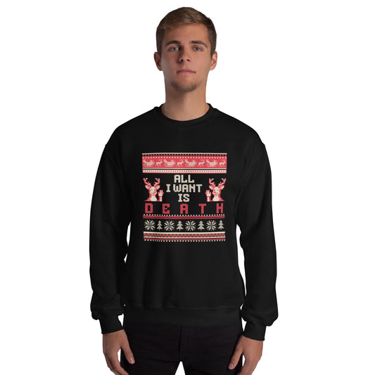 All I Want Is Death Christmas Jumper | Funny Dark Humour Xmas | Ugly Holiday Knitwear | Alternative Gothic Party Outfit