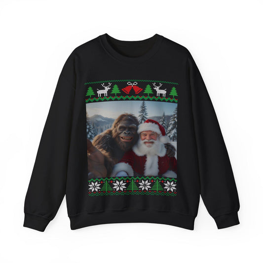 Bigfoot and Santa Taking Selfie Ugly Christmas Sweatshirt 100% Cotton : Sasquatch Holiday Party Shirt
