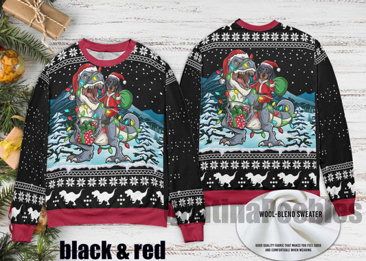 Dachshund Riding Dinasaur T-Rex Christmas Sweater, Dachshund Ugly Christmas Sweater, Dinasaur T-Rex Ugly Sweater, Merry Xmas Ugly Sweater