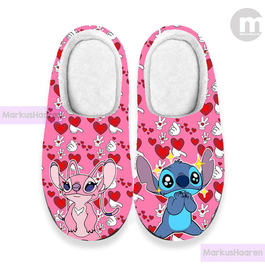 Personalized Cartoon Stitch and Angel 3D All Over Print Slipper, Winter Slipper, Cotton Slipper, Custom Rubber Slipper, Christmas Slippers