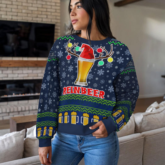 Reinbeer Christmas Sweater for Men Women, Funny Beer Reindeer Ugly Xmas Sweatshirt, Holiday Party Gift for Beer Lovers, Festive Winter Top