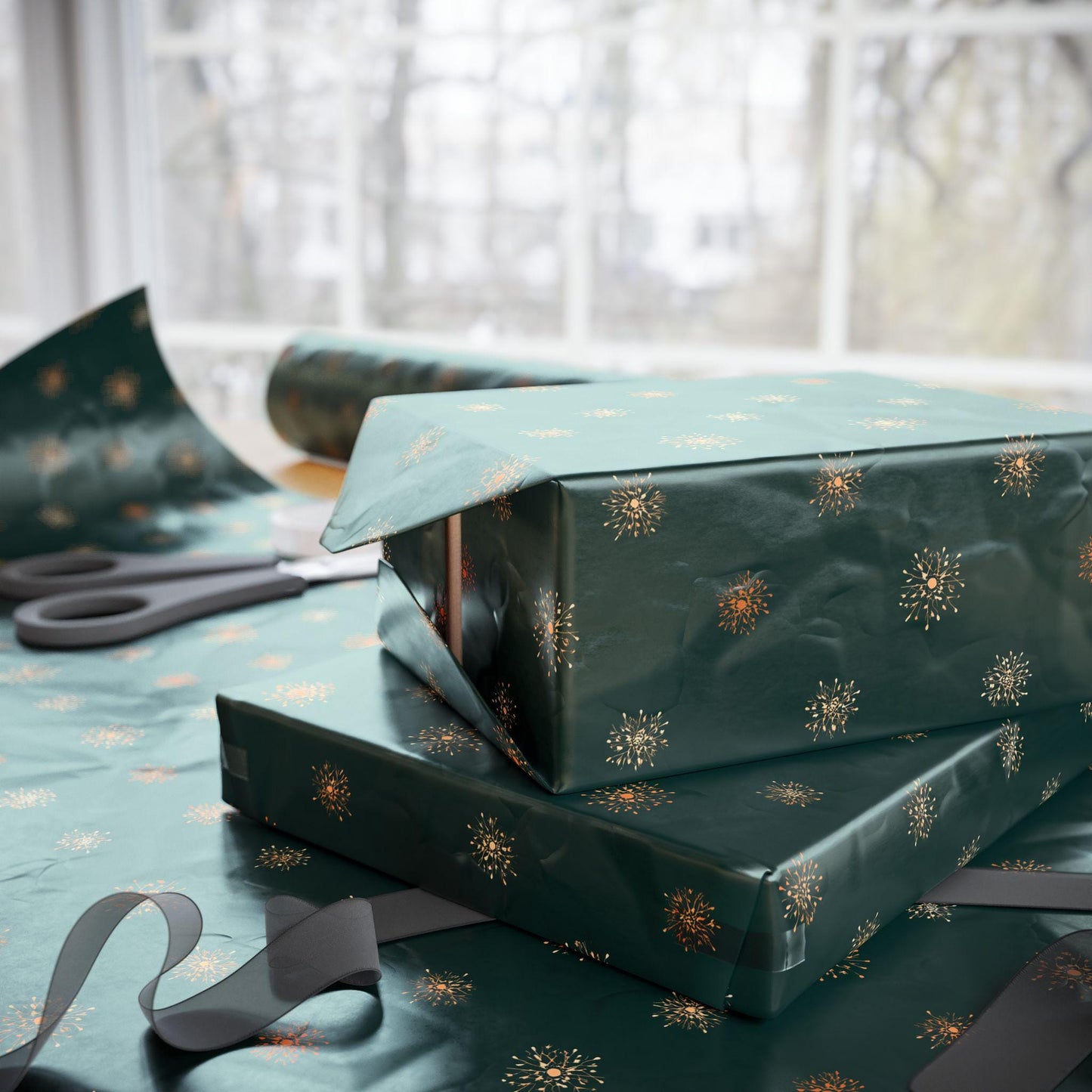 Vintage Christmas Green Gold Wrapping Paper Rolls- Christmas Gift Wrap Retro, Holiday Festive Gift Packaging, Festive Xmas Paper