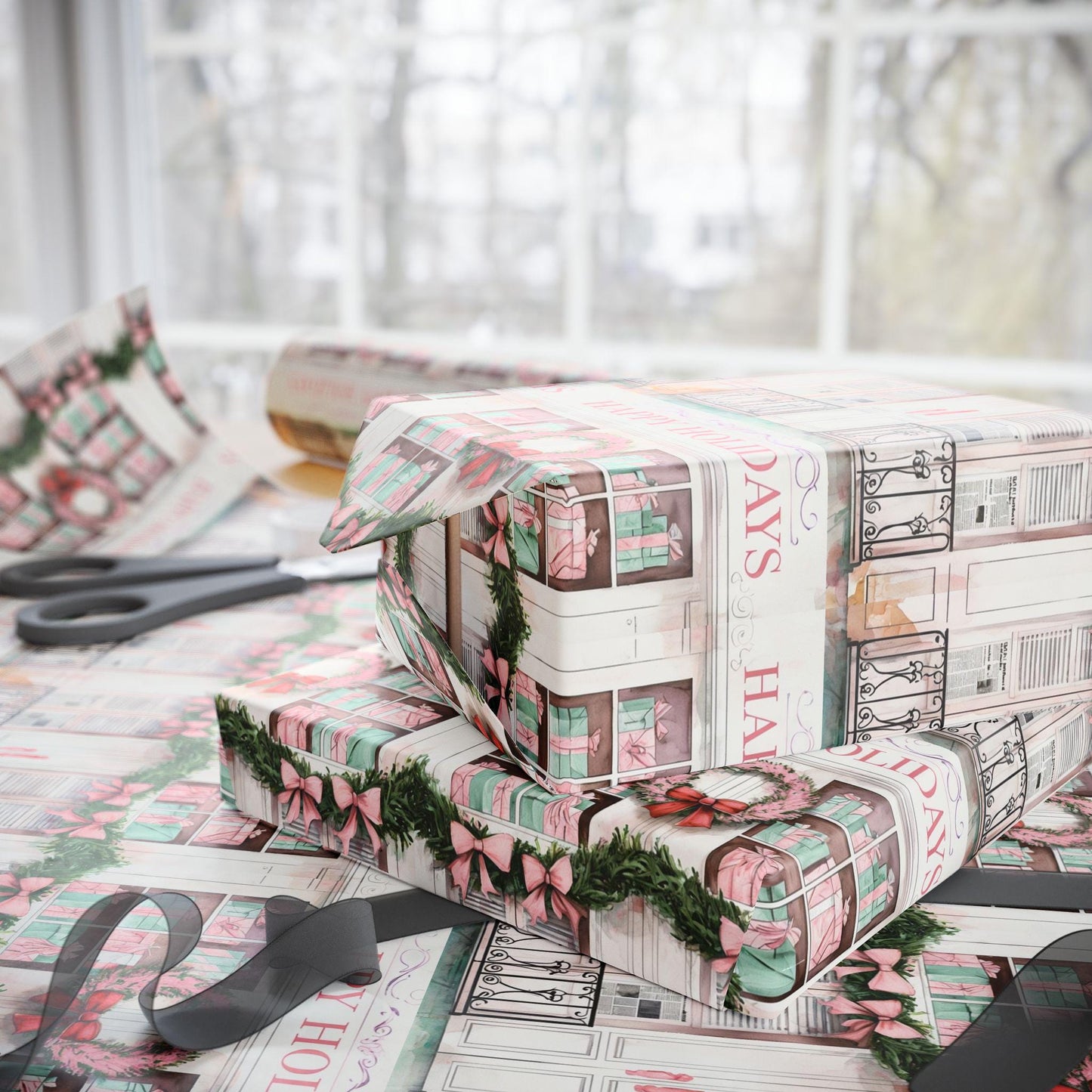 Happy Holidays Wrapping | Christmas Window Gift Wrap | Wreath & Garland Holiday Paper | Cozy Farmhouse Christmas Decor | Rustic Holiday