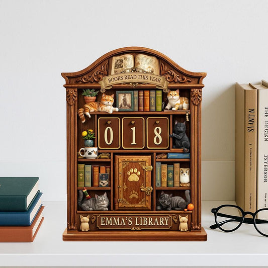 Personalized Books Read Tracker | Cat Library Desk Decor | Cozy Bookshelf Reading Challenge Counter Display | Book Lover Gift | Reader Sign