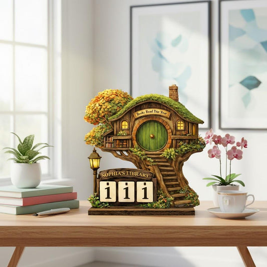 Personalized Books Read Tracker | Whimsical Treehouse Cottage Decor | Cozy Woodland Reading Challenge Counter Display | Fantasy Desk Sign