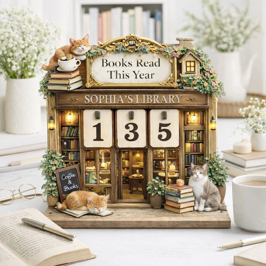 Personalized Wooden Book Tracker with Cat, Cottage Library Decor