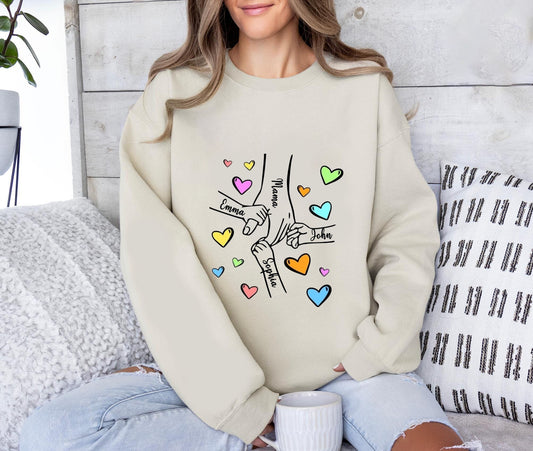 Mama Sweatshirt with Child Name, Mother's hand holding Child's hand shirt, Gift for Mother's Day