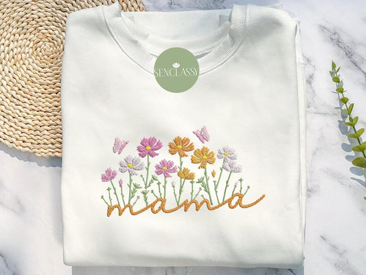 Custom Cosmos Flower Mama Embroidered Sweatshirt, Floral Mom Sweatshirt, Gift for Grandma, Personalize Child Name On Sleeve, Mother Day Gift