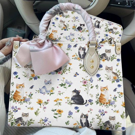 Cat Leather Bag Sweet Floral Cats
