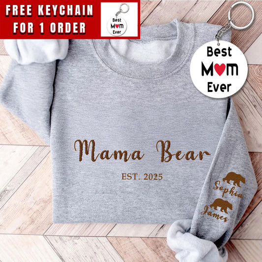 Custom Embroidered Mama Bear Est Sweatshirt with Kid Names, Funny Mother Day Gift for Mom, Personalized Name on Sleeve New Mom Gift