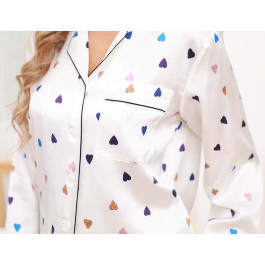 Womens Short Sleeve Silk Pajama Set Heart Print Contrast Piping