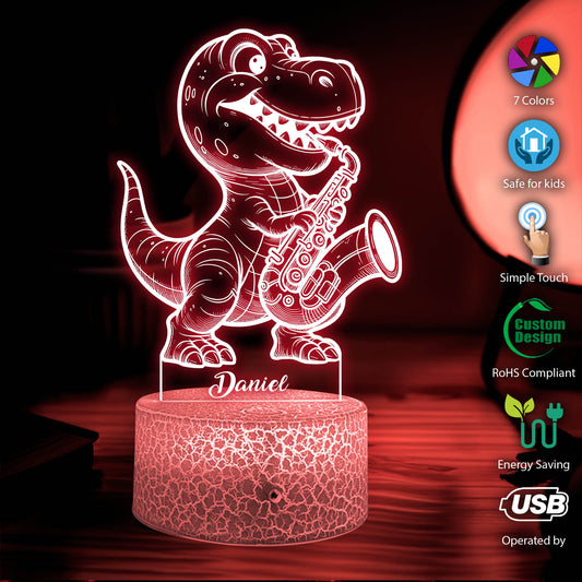 Personalized Dinosaur Saxophone LED Night Light, Custom T-Rex Saxophone Night Light, Dragon LED Night Light, Kids Bedroom Decor, Gift Decor