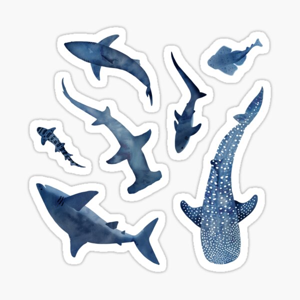 Monochrome blue watercolour shark ocean on black Sticker