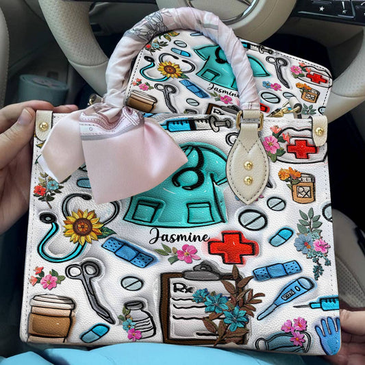 Lorva Personalized Leather Bag Floral Puffy Nurse
