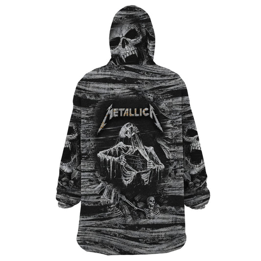 Black and White Metallica Skull Wearable Blanket Hoodie TS04