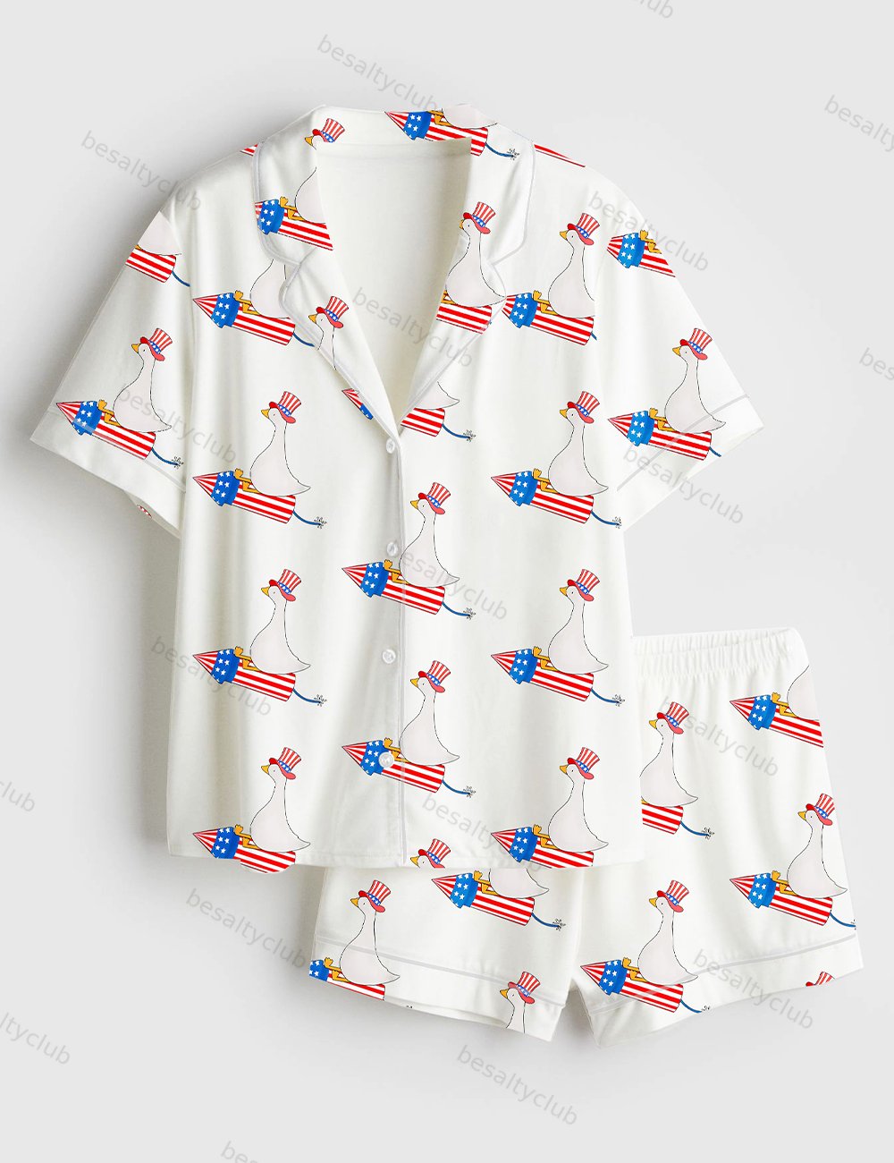 Funny 4th Of July Funny Goose Independence Day USA Patriotic Firequacker Print Short Sleeve Satin Pajama Set