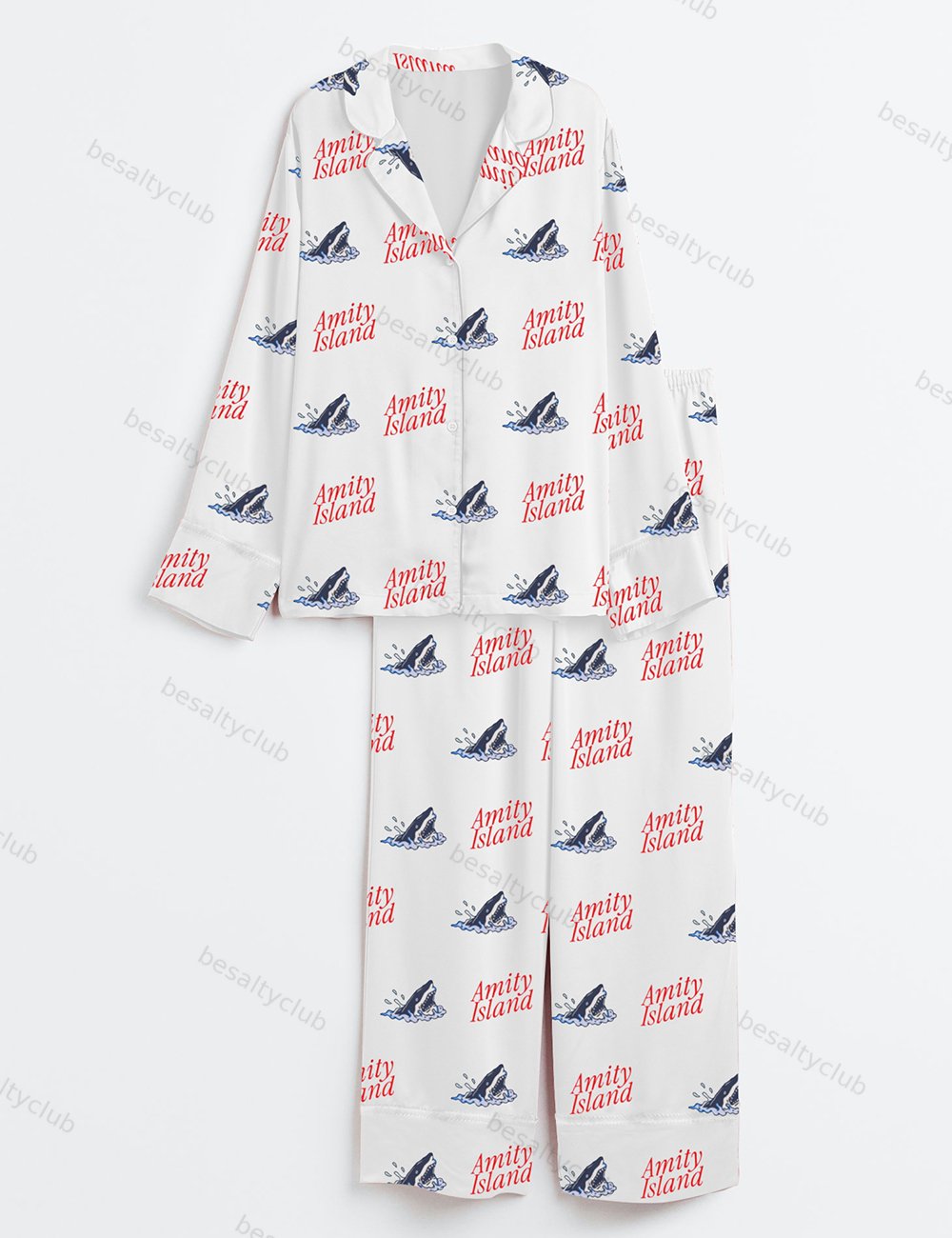 Women's Amity Island Beach Funny Retro Shark Movie Long Sleeve Satin Pajama Set