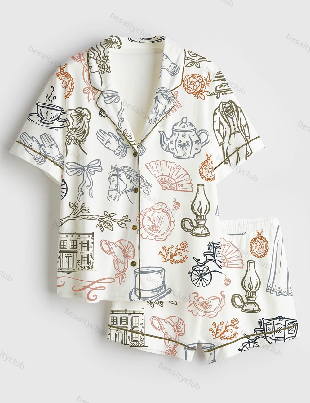Pride & Prejudice Jane Austen Inspired Bridgerton Short Sleeve Satin Pajama Set