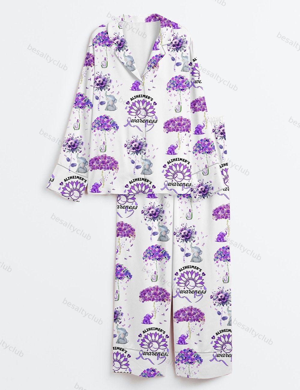 Alzheimer's Awareness Purple Ribbon Alzheimer's Support Purple Flowers Long Sleeve Satin Pajama Set