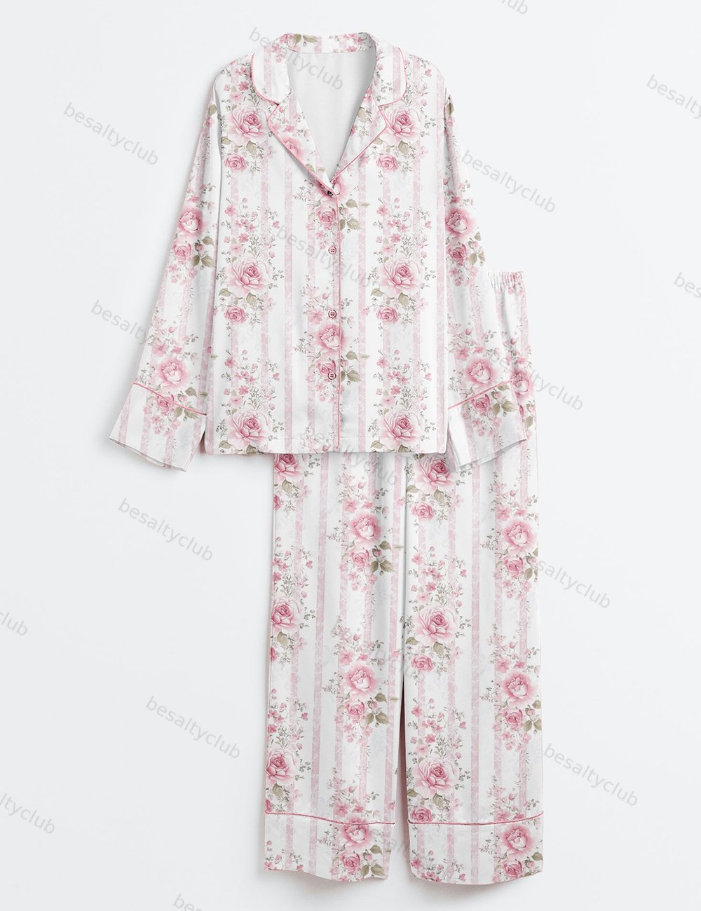 Pink Floral Stripe Wedding Long Sleeve Satin Pajama Set