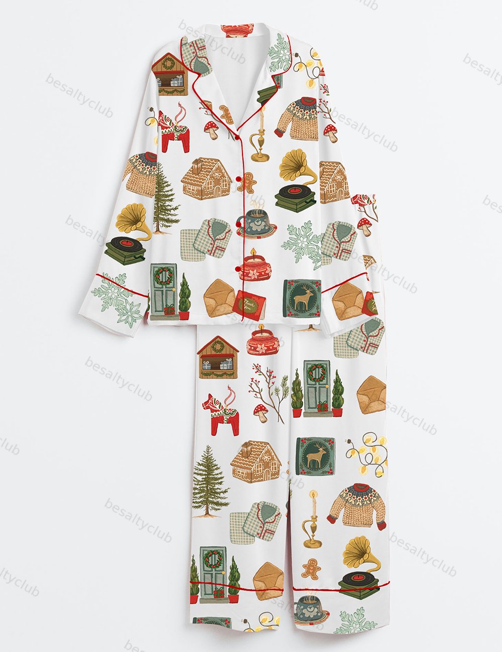 Christmas Lights Cookies Winter Sweater Elk Snowflakes Hot Cocoa Christmas Decorations Christmas Trees Gifts Long Sleeve Satin Pajama Set
