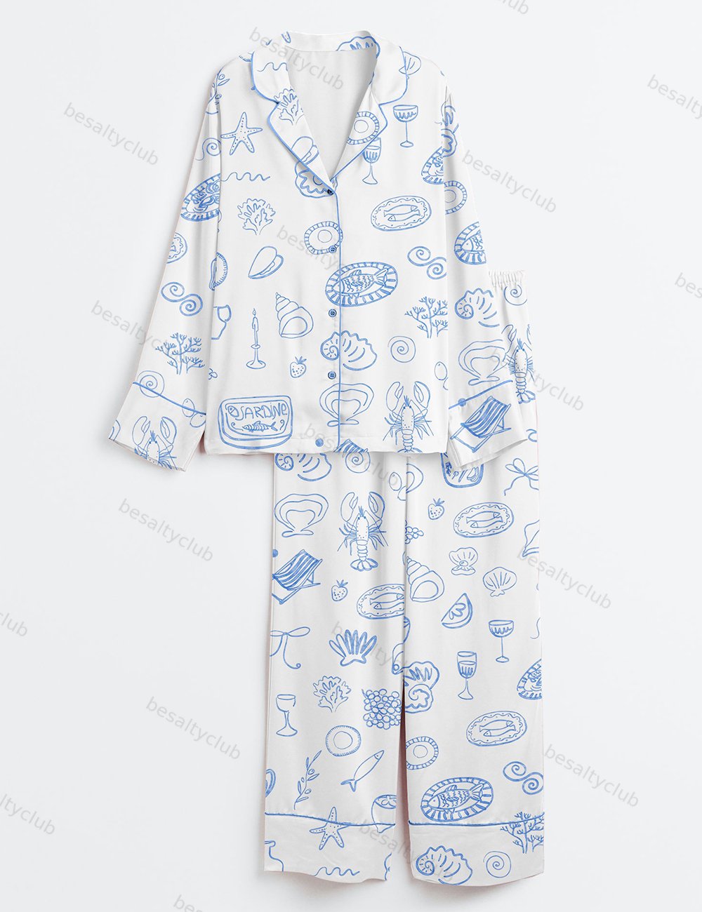 Coastal Blue Italian Summer Icons Dolce Vita Hand Drawn Whimsical Wedding Art Print Long Sleeve Satin Pajama Set