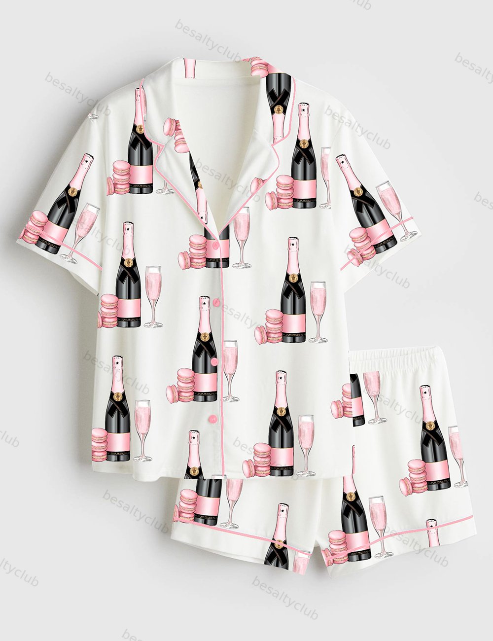 Pink Champagne Glass Dessert Short Sleeve Satin Pajama Set