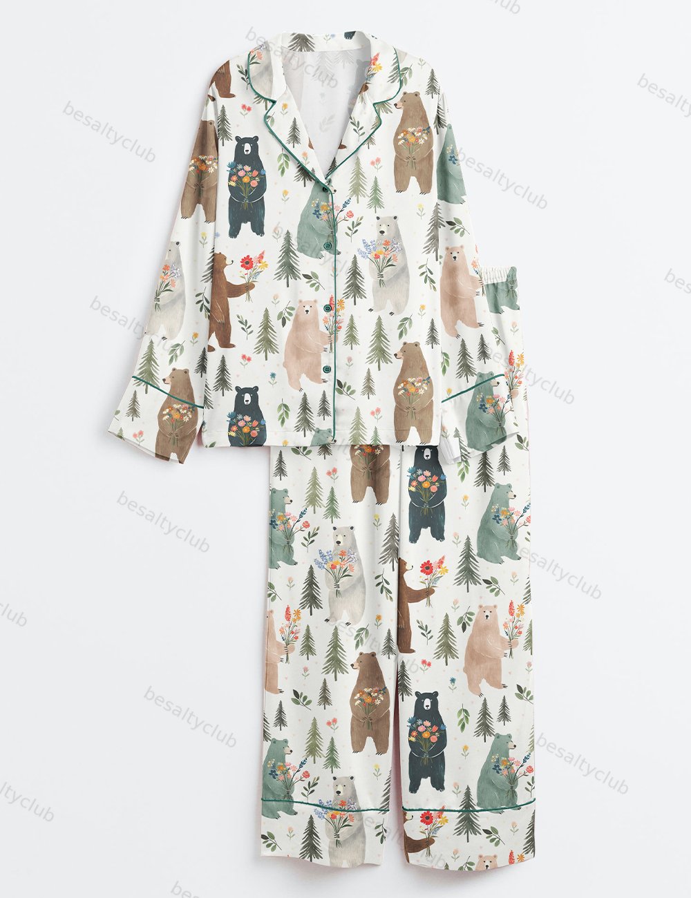 Bears Floral Pattern Long Sleeve Satin Pajama Set