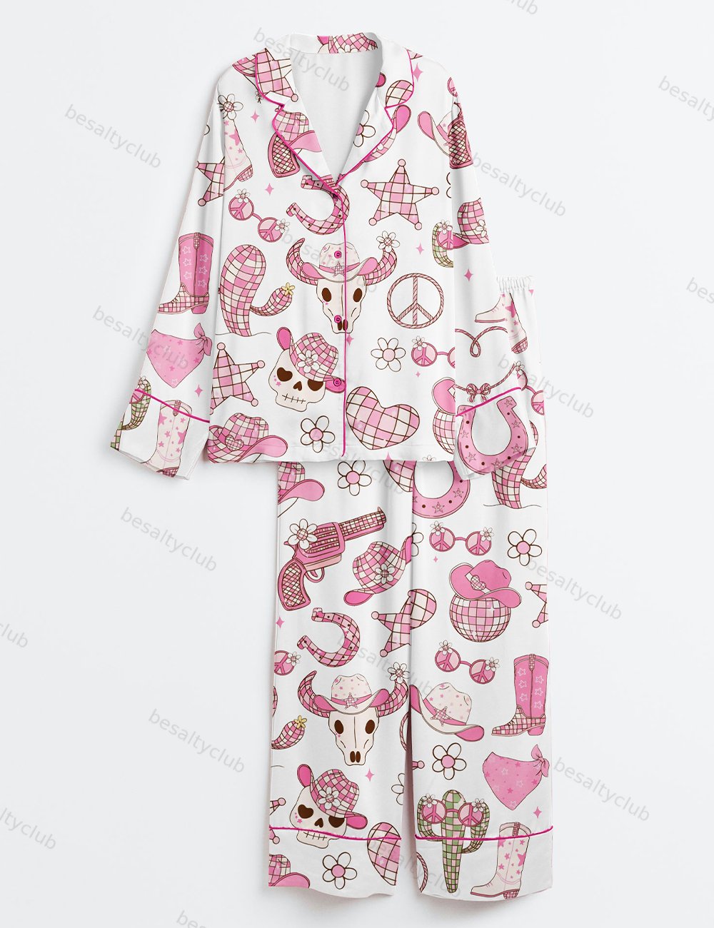 Western Pink Disco Cowgirl Girly Cowboy Disco Ball Print Long Sleeve Satin Pajama Set