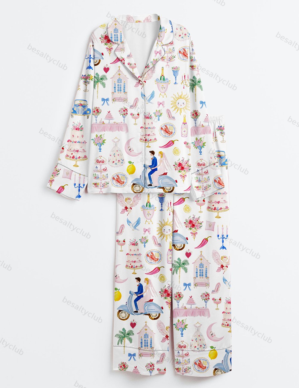 Whimsical Wedding Pastel Bride Groom Cake Bouquet Food Long Sleeve Satin Pajama Set