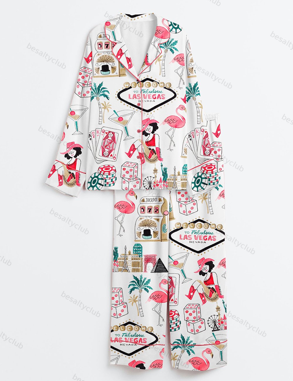 Las Vegas Watercolor Gambling Casino Nevada City Skyline Dice Slot Machine Print Long Sleeve Satin Pajama Set