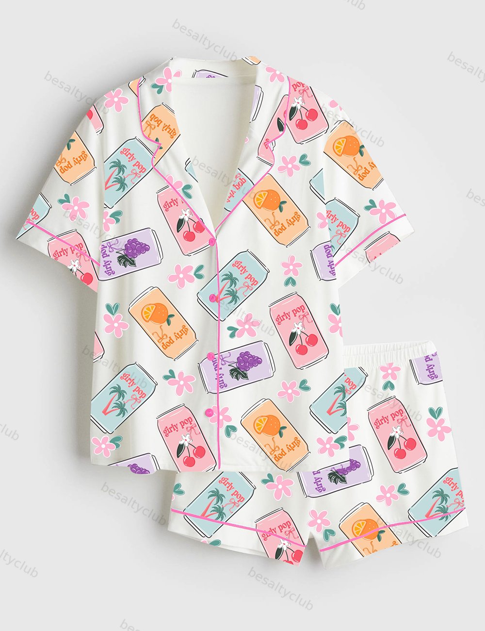 Girly Soda Pop Pink Fruity Summer Cherry Soda Surface Pattern Short Sleeve Satin Pajama Set