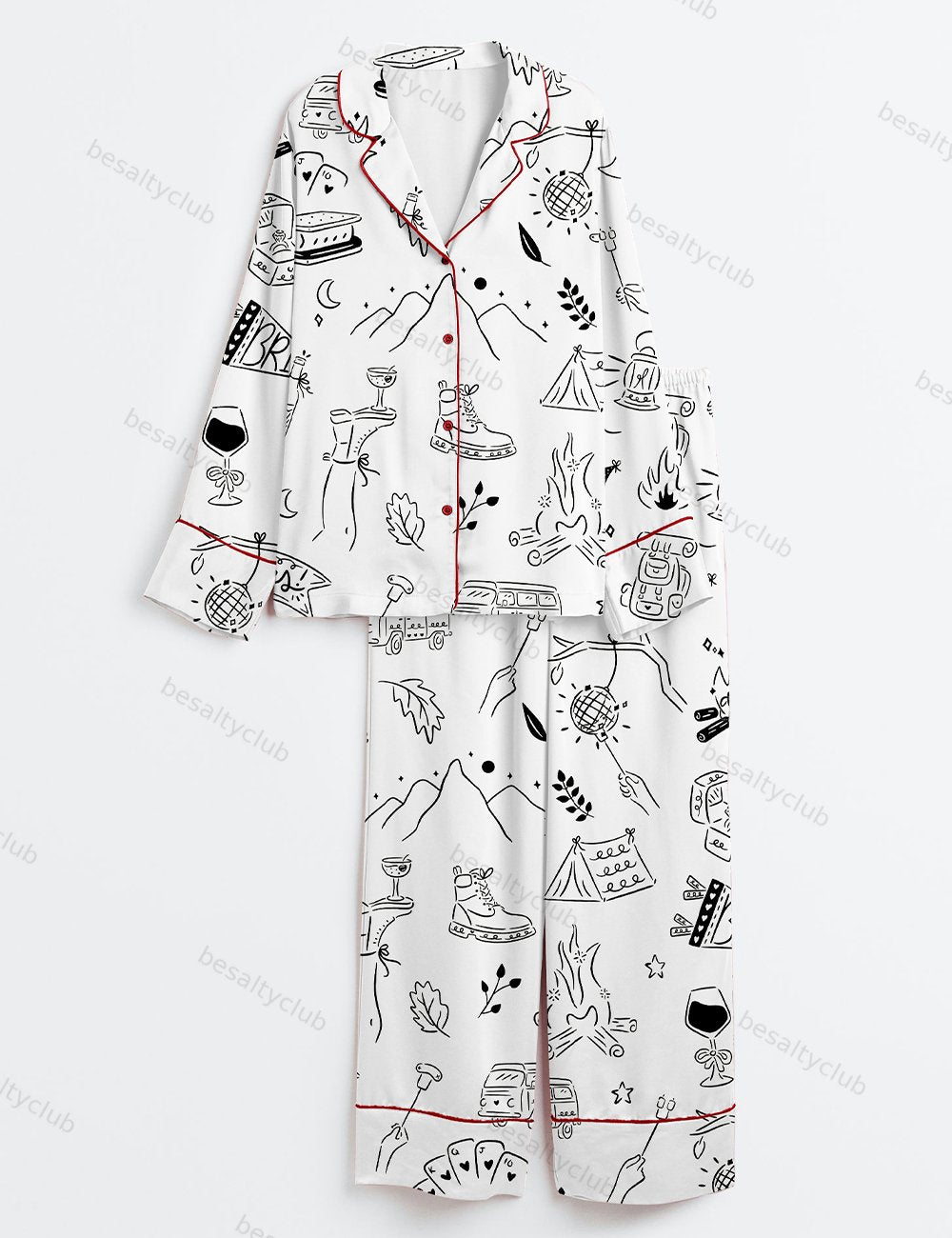 Camp Bachelorette Hand Drawn Mountain Hiking Glamping Girls Trip Print Long Sleeve Satin Pajama Set