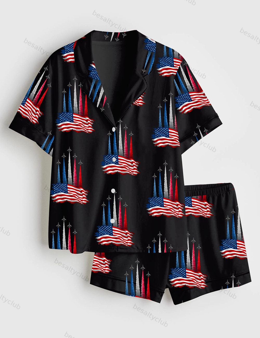 Realistic Jet Planes Patriotic 4th Of July Shirt Bold American Flag Art Print Short Sleeve Satin Pajama Set