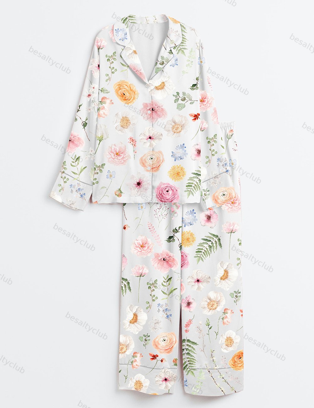 Romance Floral Watercolor Flower Wedding Flower Watercolor Bouquet Spring Flower Print Long Sleeve Satin Pajama Set