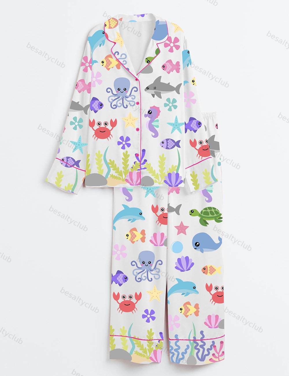 Cute Ocean Sea Animals Starfish Whale Octopus Shark Fish Turtle Seaweed Print Long Sleeve Satin Pajama Set