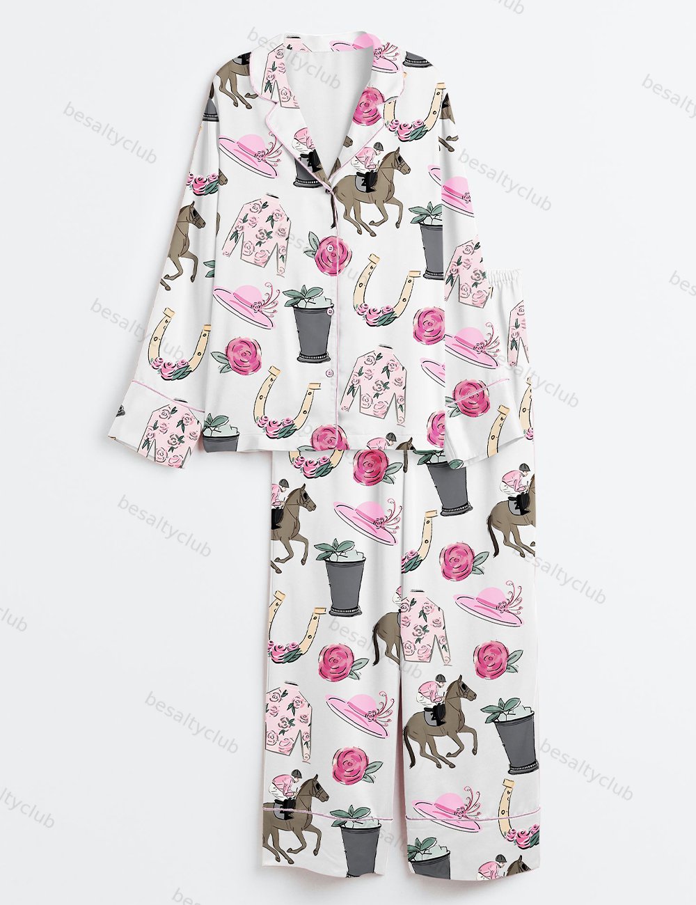 Kentucky Derby Vibes Run For The Roses Horse Racing Western Pink Long Sleeve Satin Pajama Set