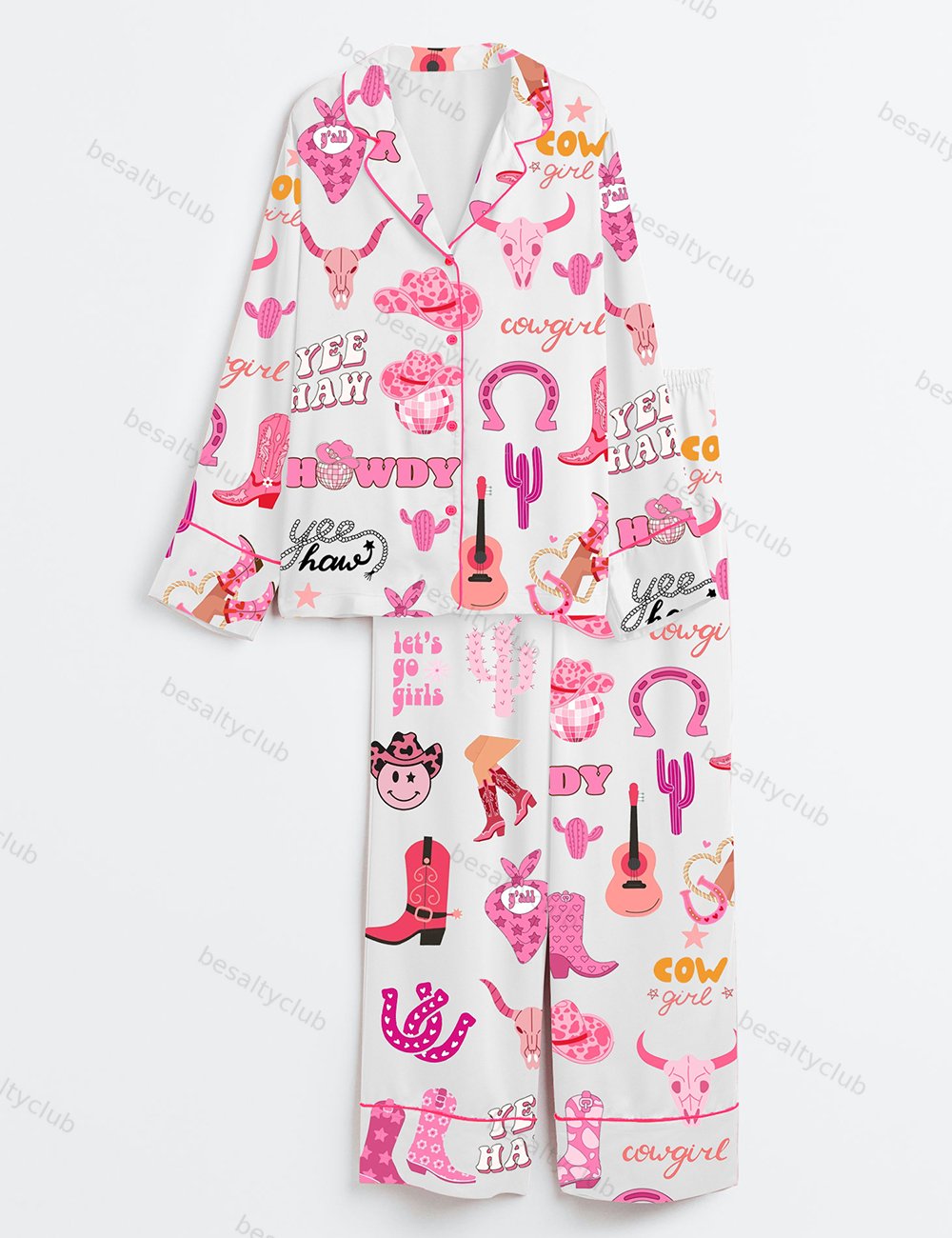 Cowgirl Boots Let's Go Disco Cowgirl Western Cow Skull Print Long Sleeve Satin Pajama Set