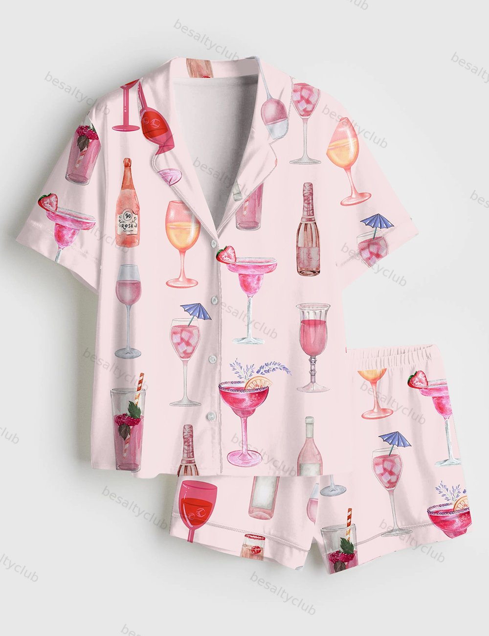 Retro Watercolor Champagne Cocktail Wine Bottle Pink Short Sleeve Satin Pajama Set