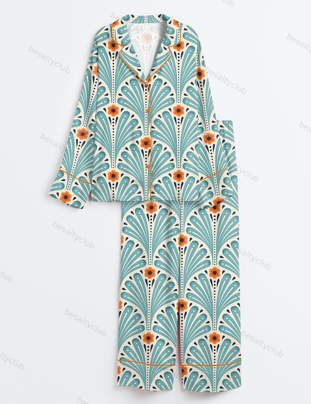 Tropical Maximalist Emerald Green Fans Sunset And Leaves Flowers Long Sleeve Satin Pajama Set