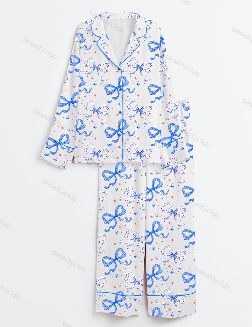 Coquette Bow Cute 4th Of July Red White Blue Long Sleeve Satin Pajama Set