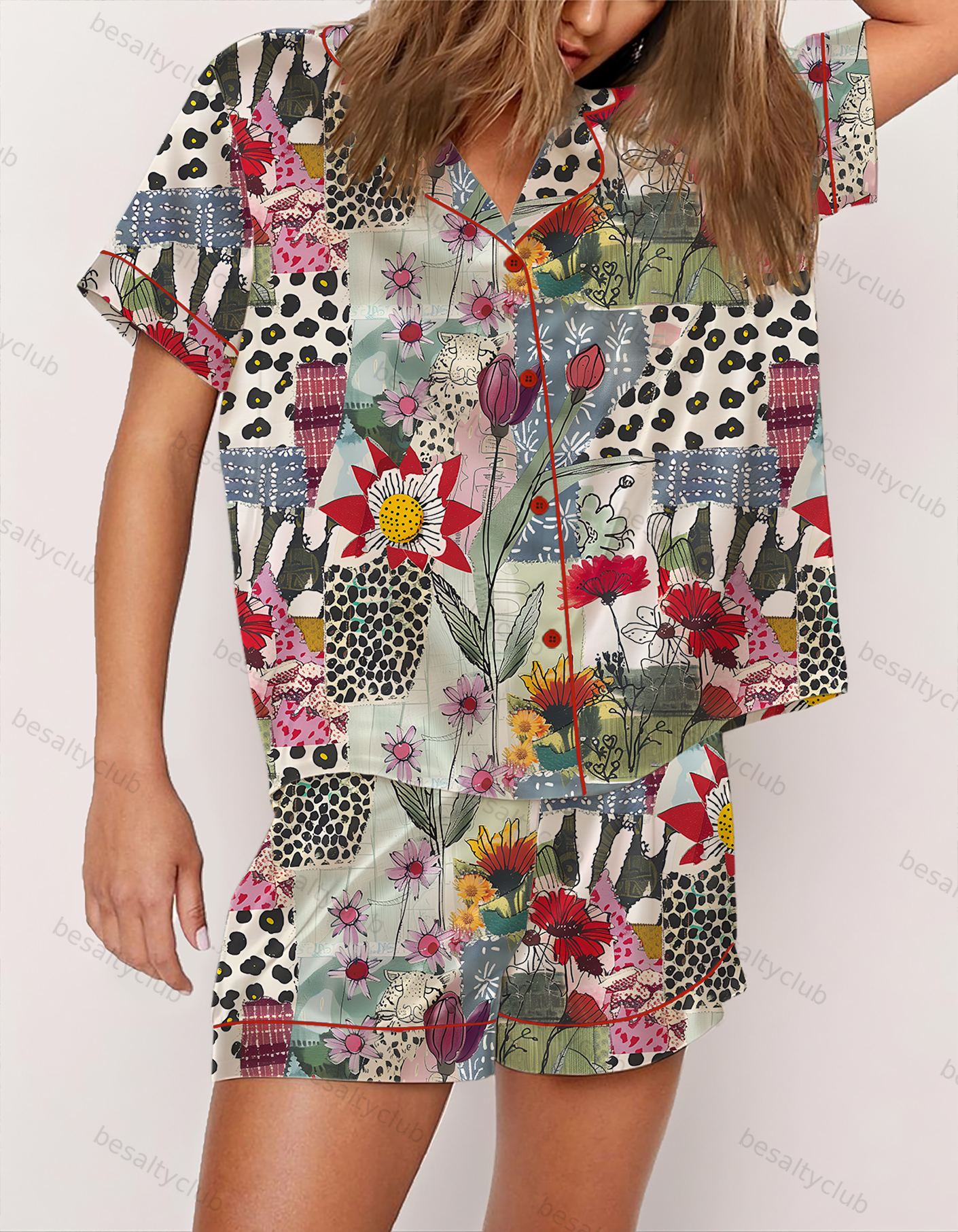 Spots and Floral Summertime Collage Satin Pajama Set