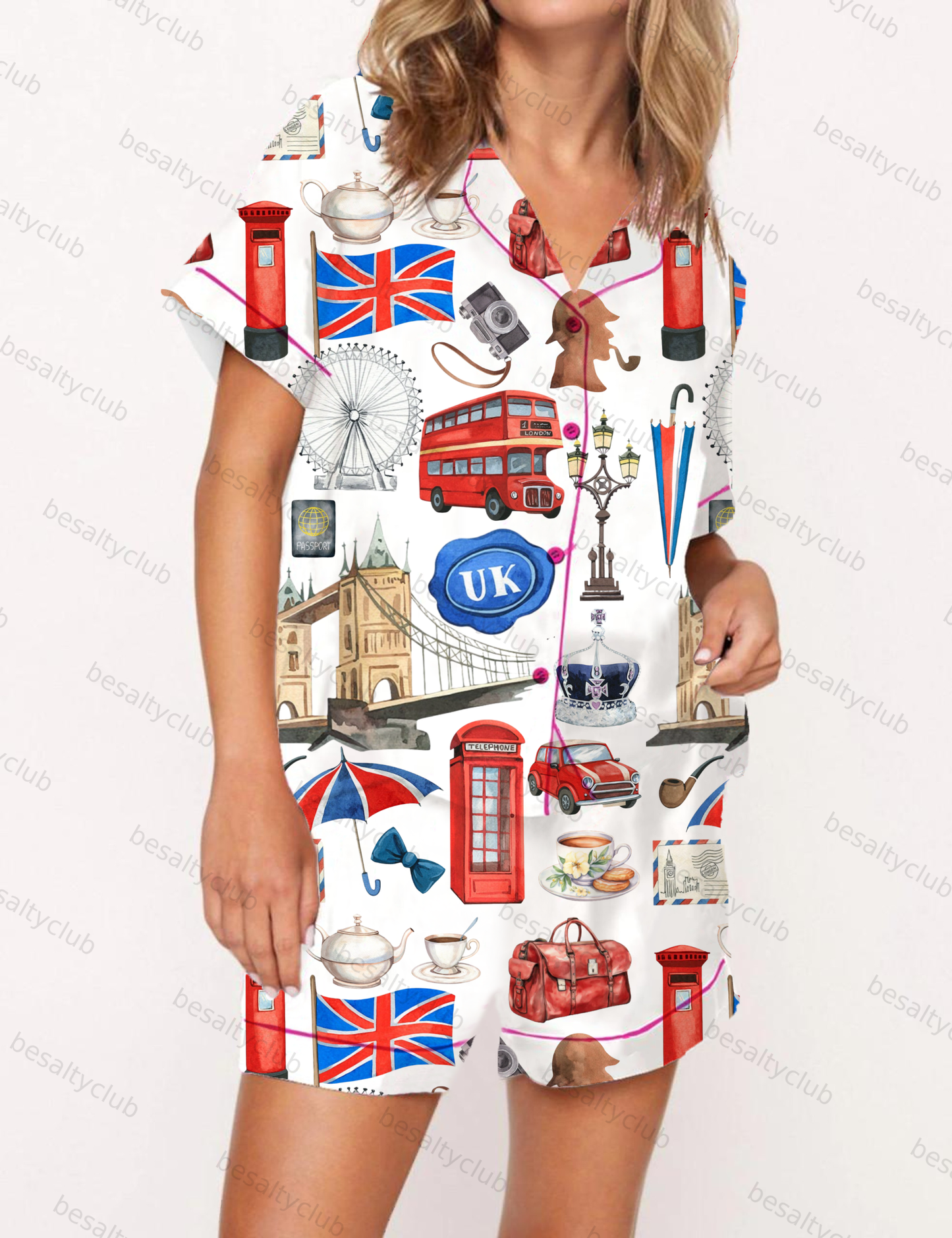 UK Travel Silky Satin Pajama Short Set