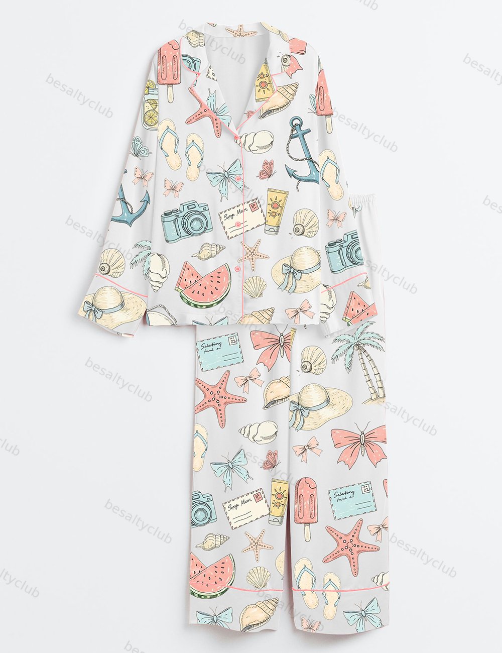 Coastal Coquette Seashell Summer Vibes Beach Print Long Sleeve Satin Pajama Set