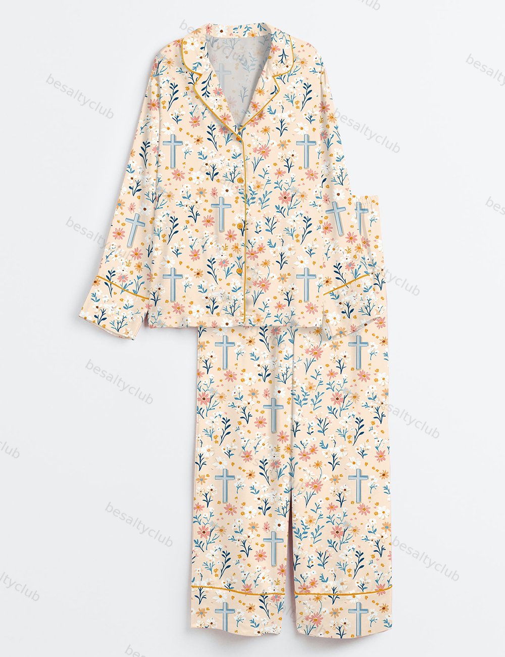 Cute Christian Cross Background Pattern Long Sleeve Satin Pajama Set