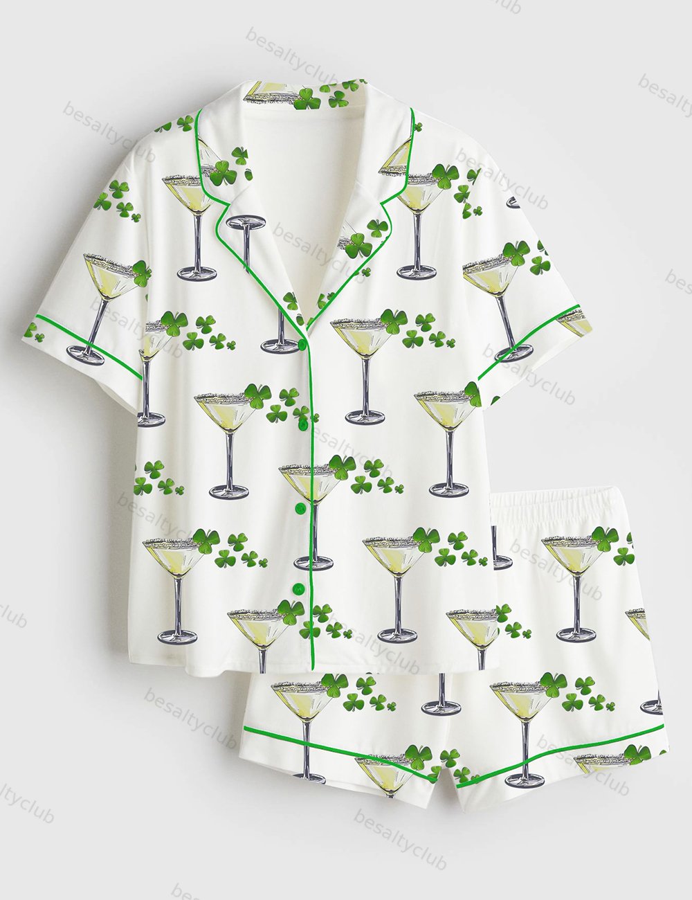 A Tini Bit Irish St. Patrick's Day Shamrock Print Short Sleeve Satin Pajama Set