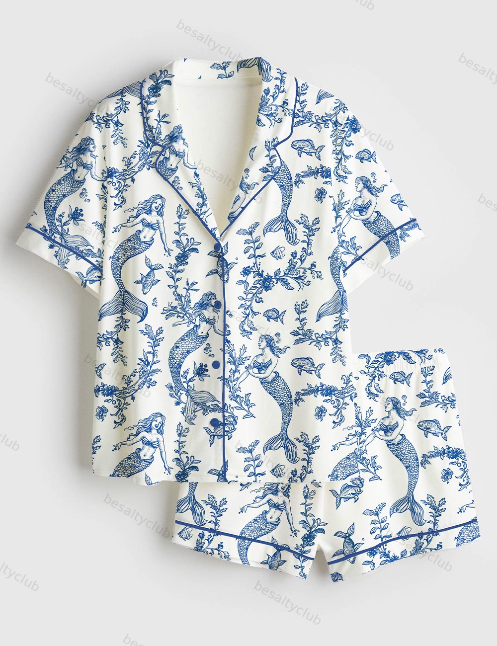 Mermaids Toile de Jouy Print Short Sleeve Satin Pajama Set