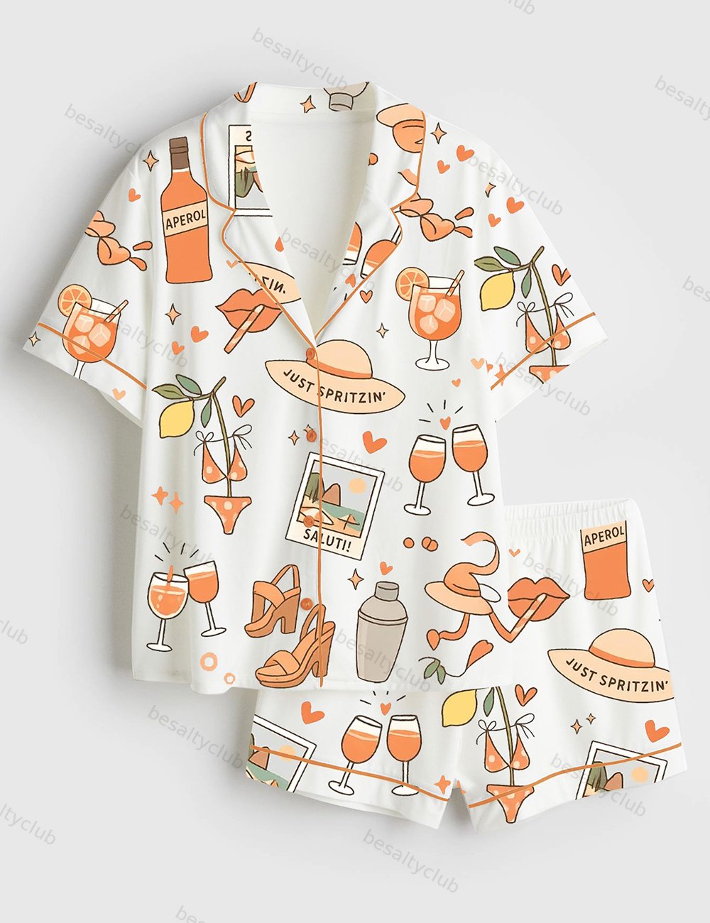 Spritz Girl Summer Aperol Bottle Cocktail Glass Heels Bikini Summer Beach Short Sleeve Satin Pajama Set